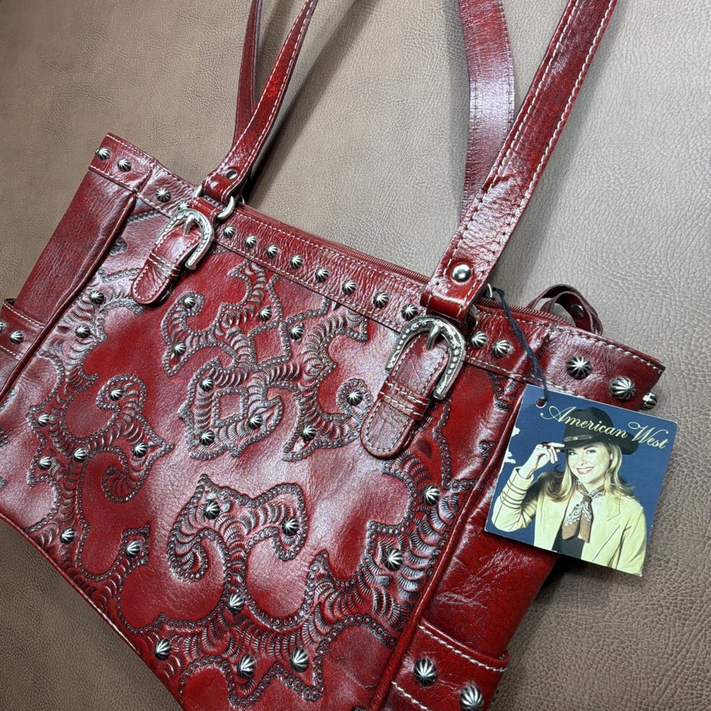 Vintage AMERICAN WEST Shoulder Bag STUDDED Rich Burgundy Red Leather Purse New!!